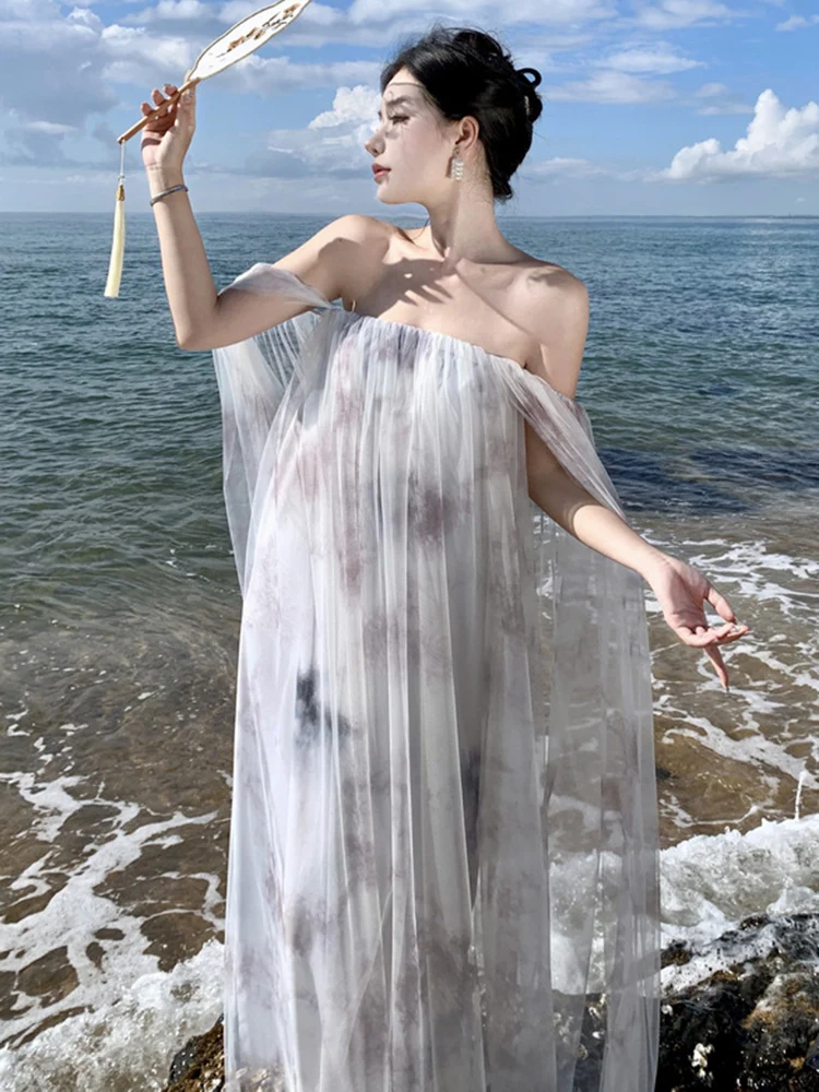 

Женское платье без бретелек с чернильным принтом, Летнее Длинное свободное платье в стиле пэчворк с вырезом лодочкой, праздничное платье, халаты, новинка 2023