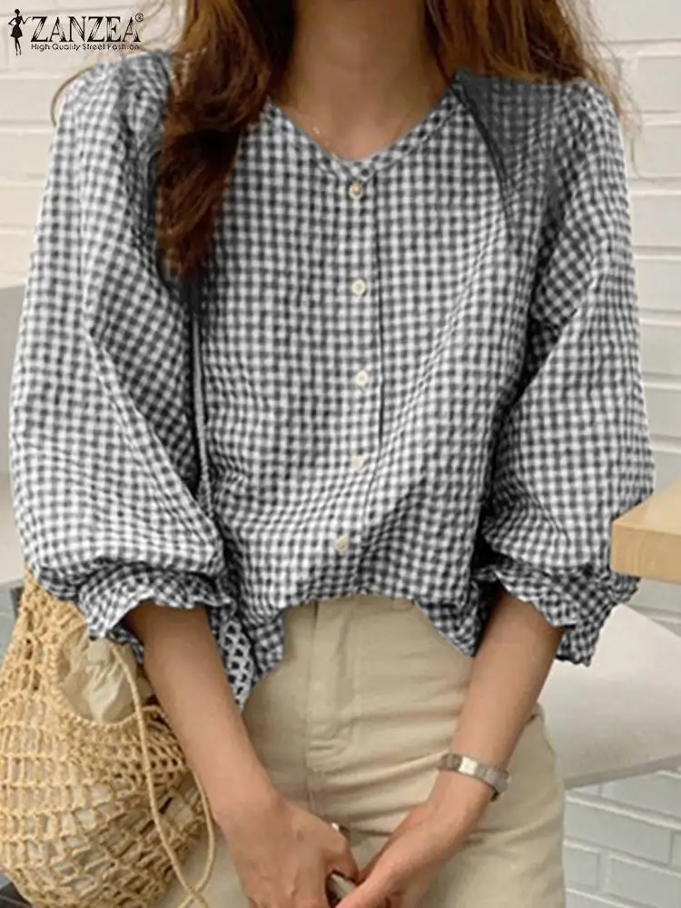 

Богемная Модная элегантная повседневная Свободная рубашка ZANZEA, женская летняя блузка в клетку, топы с принтом, блузы в клетку с рукавом 3/4 и ...