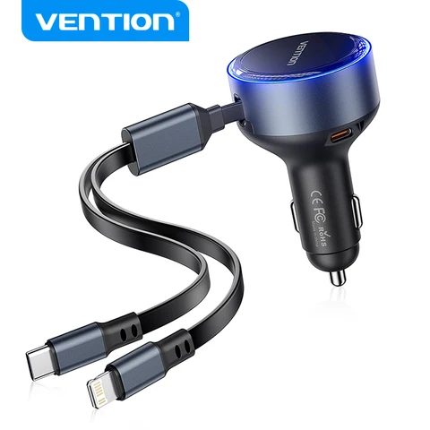 Выдвижное автомобильное зарядное устройство Vention 2-в-1, USB-зарядка, 60 Вт Max PD, быстрая быстрая зарядка с кабелем для iPhone, Samsung, Xiaomi, Huawei