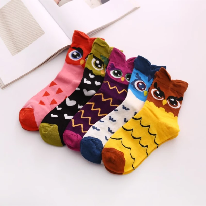 5 Pairs/Pack Women Socks Cotton Cartoon Owl Crazy Big Eyes Dress Kawaii Harajuku Mid Tube Socks Girls