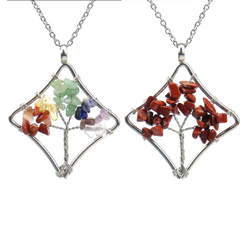 

Reiki Healing Natural Crystal Gravel Colorful Yoga Chakra Energy Necklace Wire Wrap Rock Crystal Tree Of Life Choker For Couple