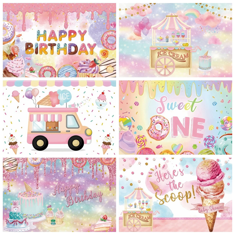 

Candy Baby 1st Birthday Party Backdrop Sweet One Donut Candy Car Ice Cream Shop Kids Portrait Photo Background Photography Props
