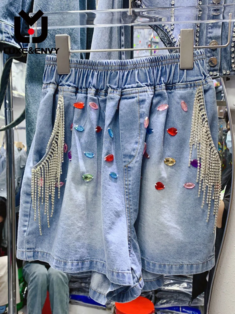 

LUXE&ENVY Summer New Tassel Diamond Studded Beads High Waist Slim Wide Leg Denim Shorts Women 2023