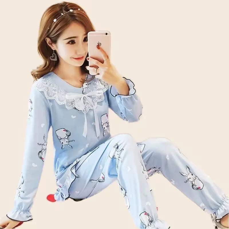 

Sexy Pajamas Set Full-Sleeve T-shirt Long Pants 2Piece/Set Summer Sexy Bow Lace Pyjama Big Size Mom Homewear Cozy Plus Pjs