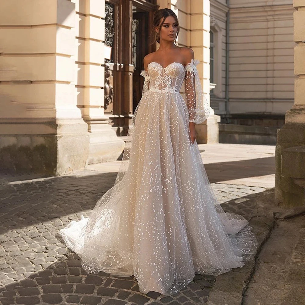 

Msikoods Dotted Tulle Wedding Dresses Sexy Backless Sweetheart Puff Sleeves Boho A-Line Wedding Gown Princess Bridal Gowns