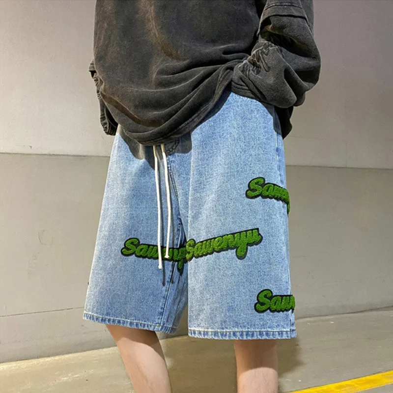 Summer Men's Denim Shorts Fashion Embroidered Five Point Pants Elastic Waist Baggy Black Jeans Streetwear Oversized Y2K Clothes