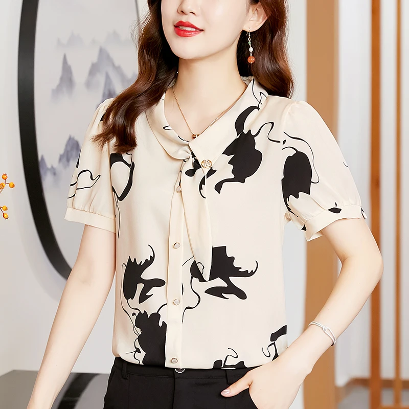 

Korean Fashion Women Clothing Summer Short Sleeve Chiffon Floral Printed Casual Thin Shirts Pullover Stand Collar Women-blouse
