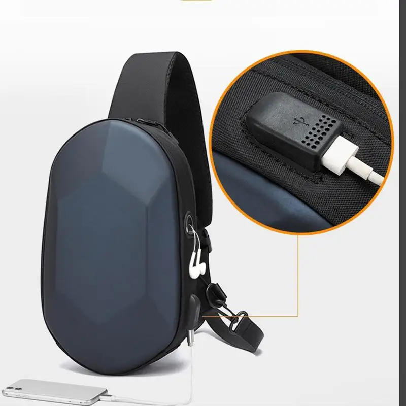 

Men Chest Bag Hard Shell Men Crossbody Bags Large Capacity Sling Backpack Travel Bag with USB Port Headphone Jack for Camping