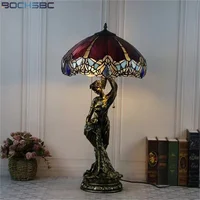 BOCHSBC Tiffany Style Desk Light Beauty Peacock Grape Baroque Blue Cow Stained Glass Table Lamp Frame Home Art Decorative LED