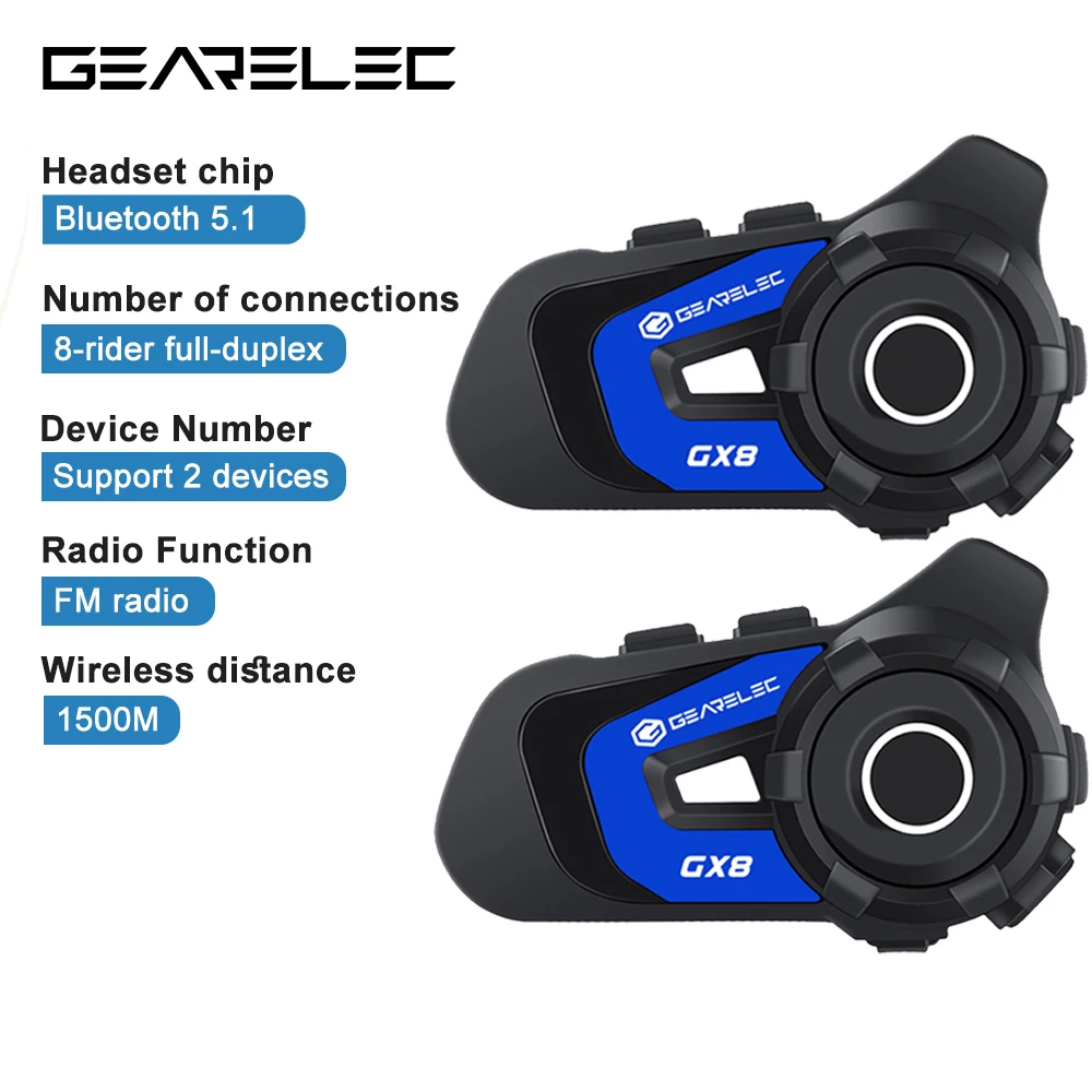 GEARELEC GX8 Helmet Intercom Headset 1500M Range 6~8 person Motorcycle Intercom System With FM Radio EQ Music Sharing Function