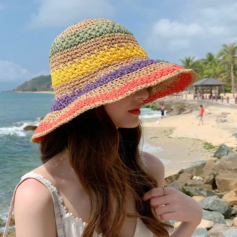 

Панама женская Соломенная в радужную полоску, складная пляжная Панама ручной работы, шляпа от солнца, в богемном стиле, летняя