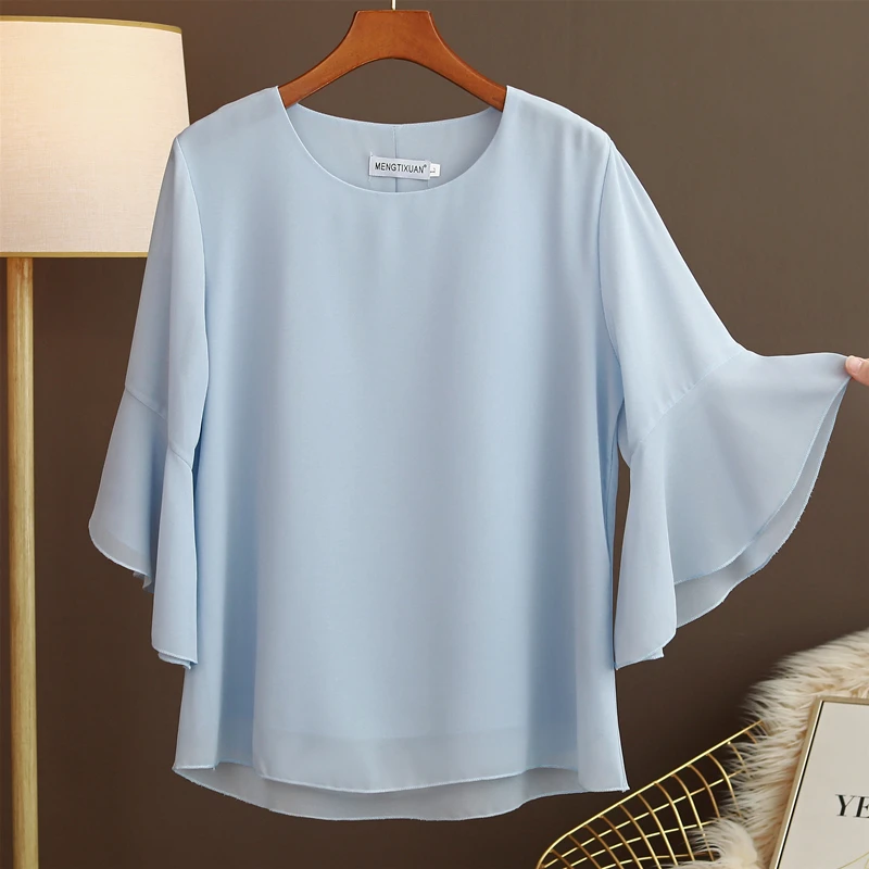 

Fashion Brand 2022 New Top Summer Dress 2022 New Foreign Style Trumpet Sleeves Size Thin Middle-sleeved Chiffon Shirt Women