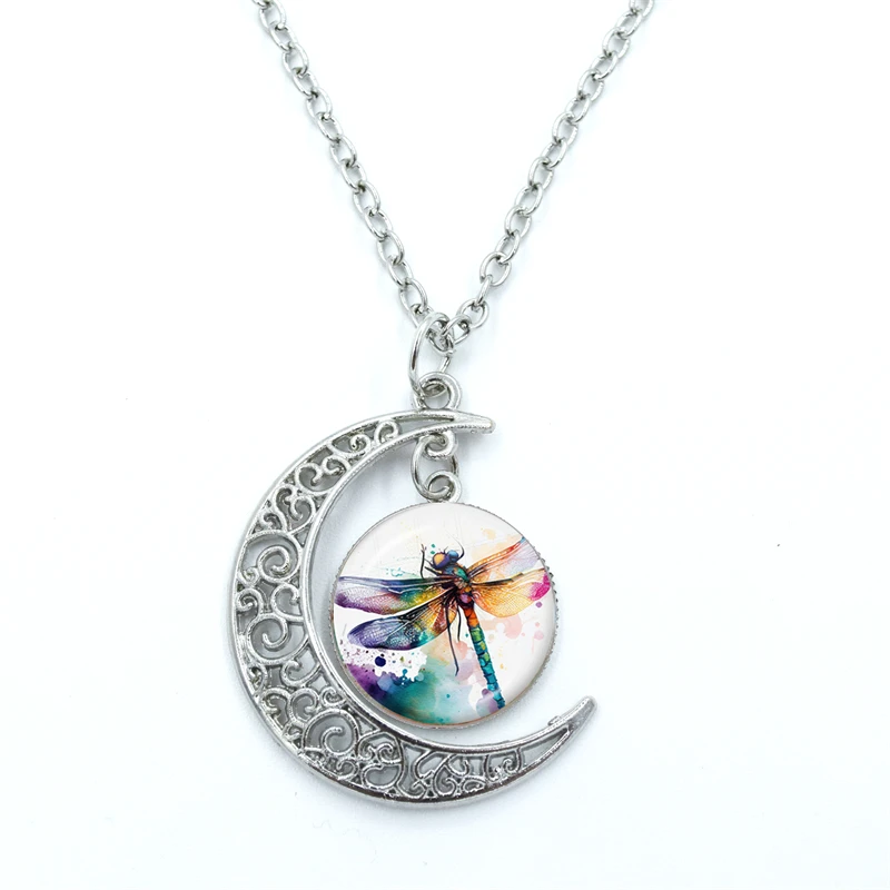 

New Dragonflies With Flowers Moon Necklace Lovers Women Glass Pendant Accessories Party Girls Chain Jewelry Gift