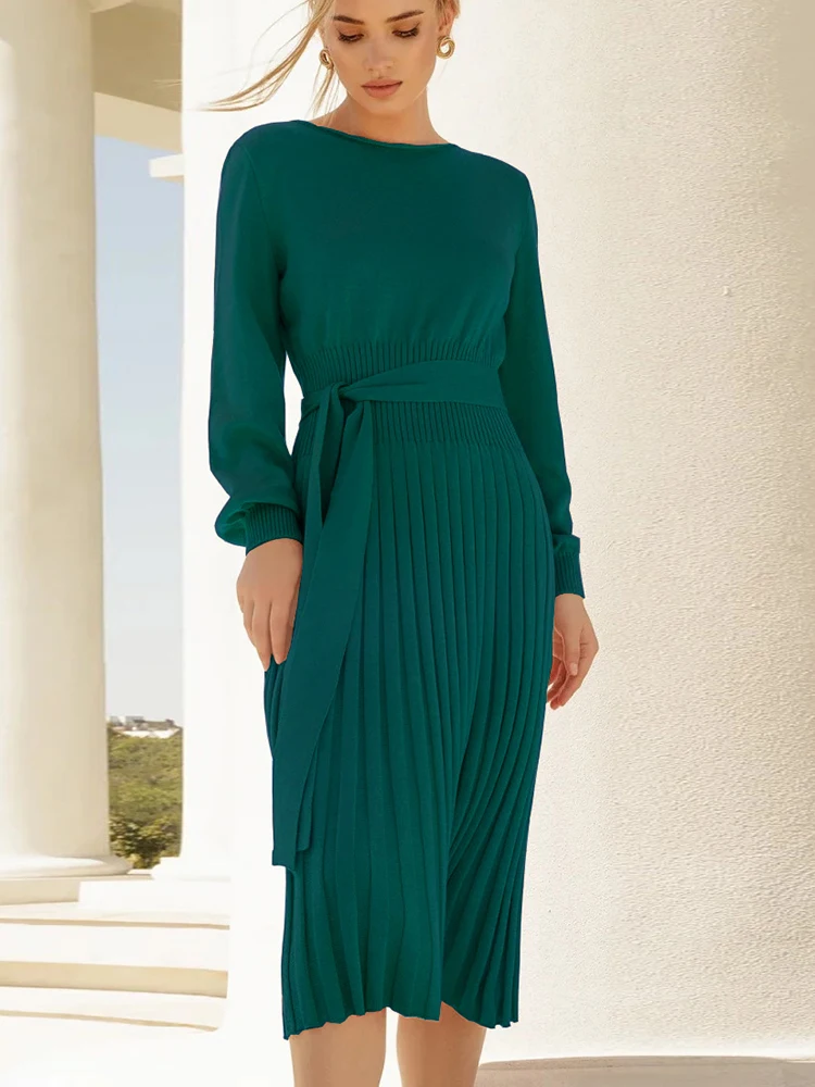 

Платье-свитер с длинным рукавом, Элегантное зимнее зеленое женское платье, осеннее вязаное платье с поясом, плиссированное платье с круглым...