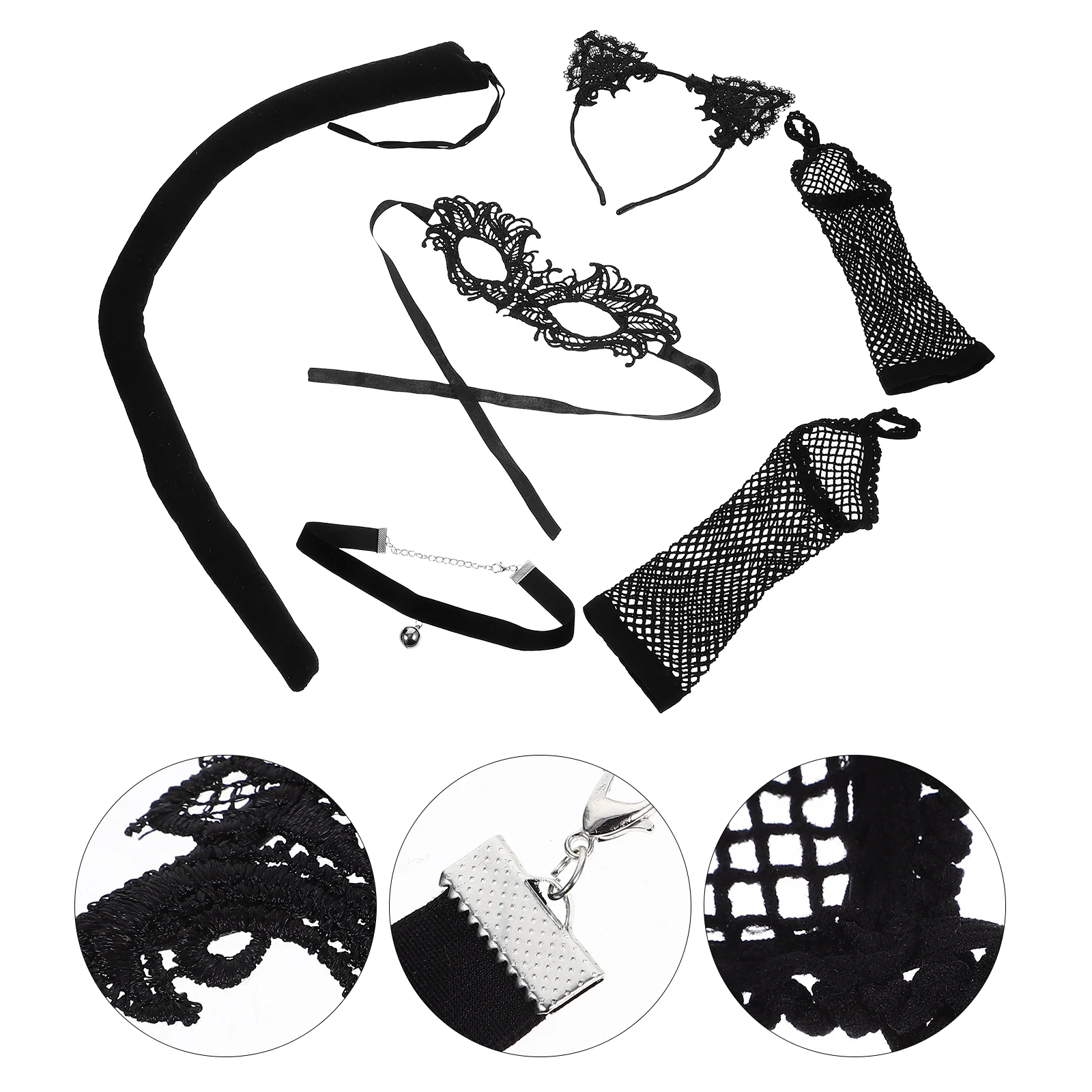

1 Set Lace Fingerless Gloves Cat Ears Headband Choker Set Halloween Costume Accessories