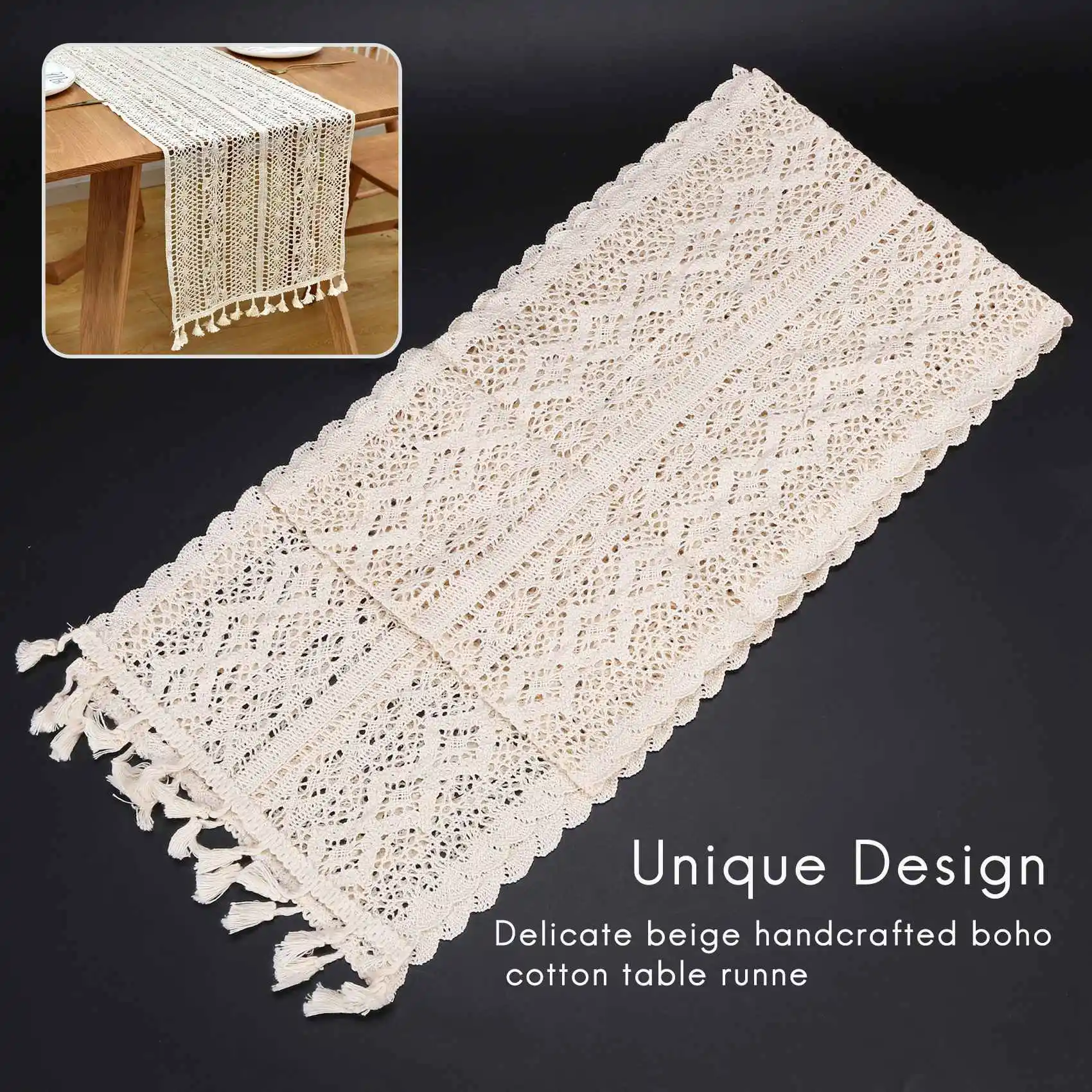 Элегантная кремовая вязаная кружевная скатерть макраме с кисточками для