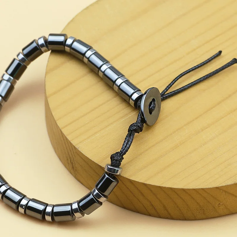 

Natural Black Hematite Stone Cylindrical Men's Beaded Bracelet Mountain Oblate Gasket Bracelet Best Gift For Men women Jewelry