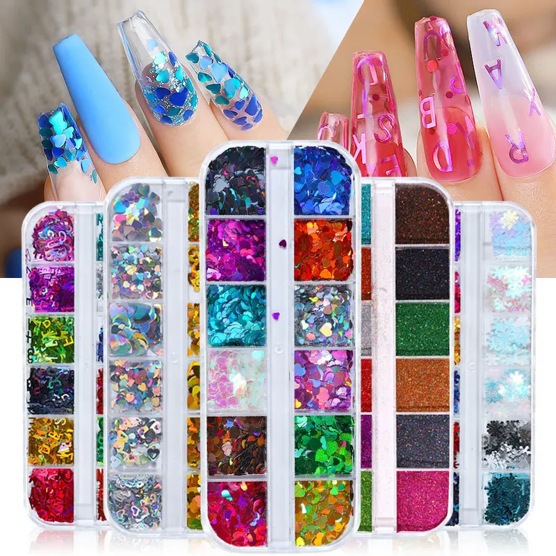

12Grid Tin Foil Paper Nails Glitter Sequins Irregular Aluminum Gold Red Design Nail Glitter DIY Nail Art Decor Accessories