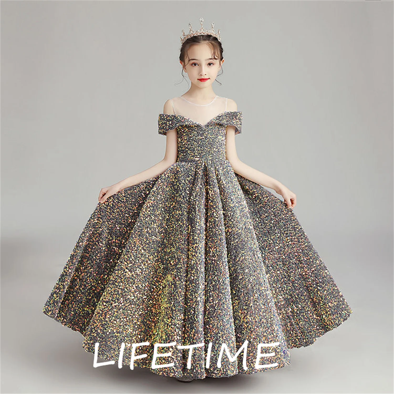 

Платье в пол для девочек с блестками, аппликация для выпускного вечера, свадьбы, открытки, плеча, элегантное детское вечернее платье на день рождения, летнее Причастие