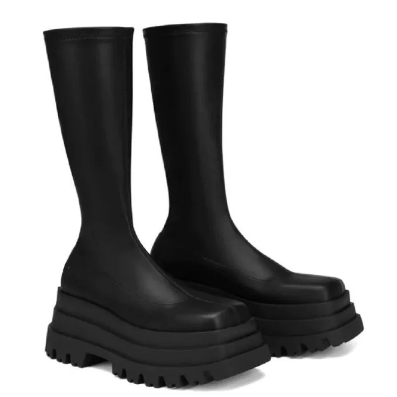 

New Brand Punk Women Sexy High Heels Knee High Boots Platforms Zipper Stretch Microfiber Sexy Night Club Party Pumps High Boots