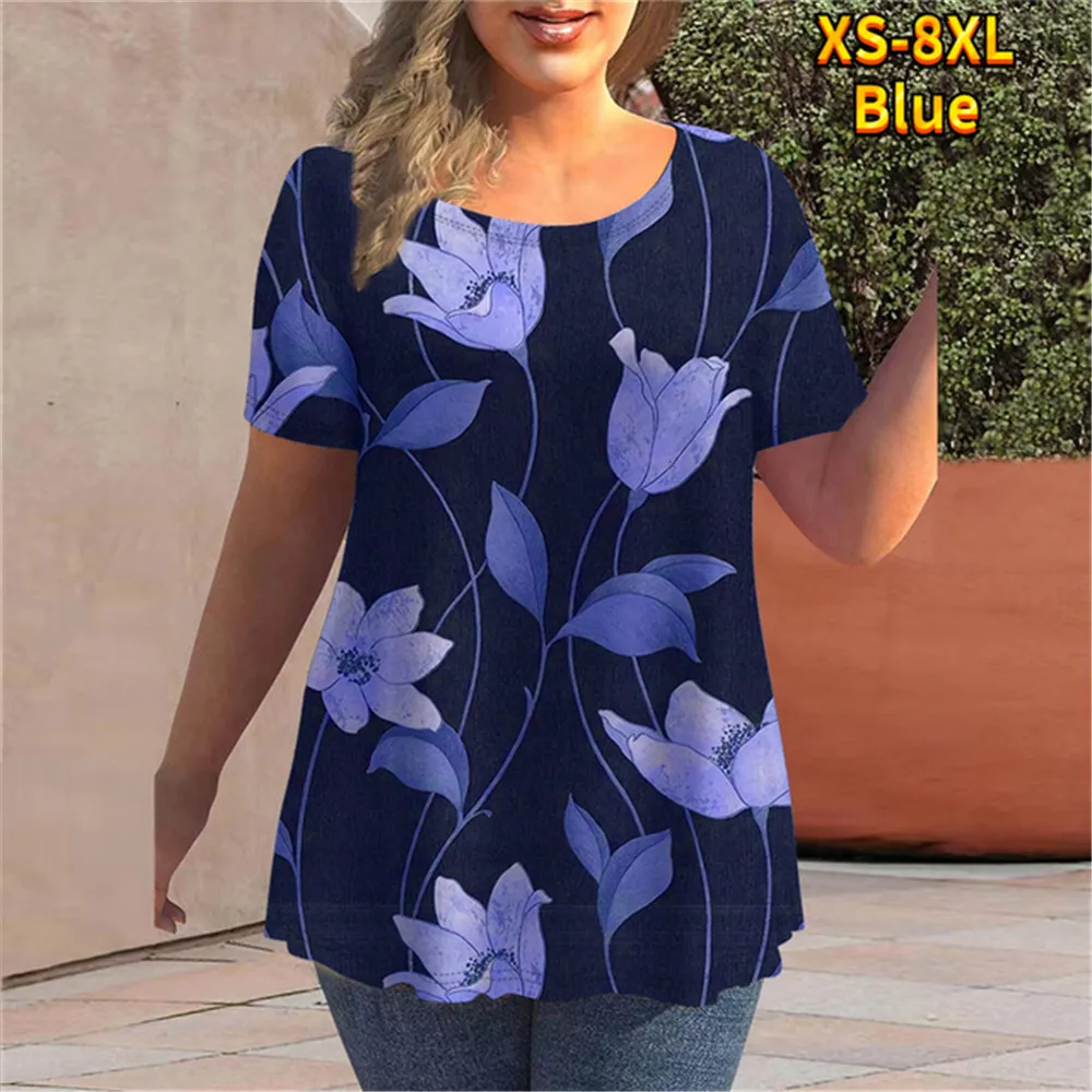 

Summer Women TShirt Flower Fashion Harajuku Elegant Thin Light Everyday Street Trend Short-Sleeve O Collar Pullover