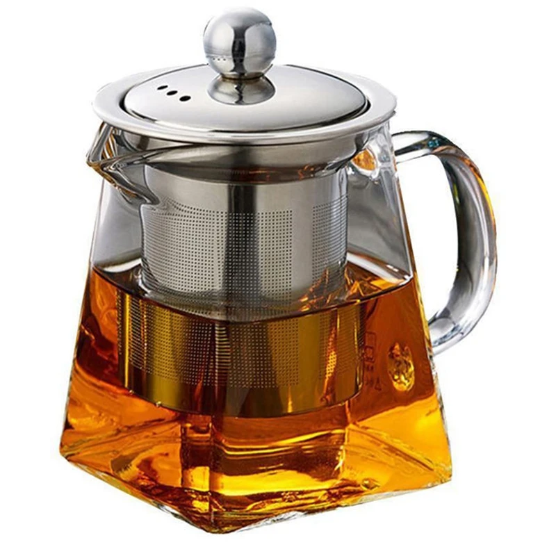 

Thickened Glass Teapot Heat Resistant Flower Tea Pot Bubble Tea Pot Stainless Steel Filter Teapot Square Pot Set 350Ml