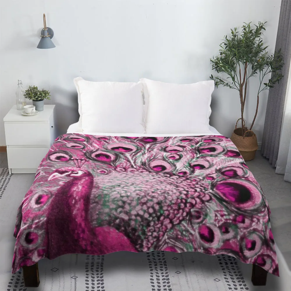 

Pink Peacock Art Bed Boho Warm Flannel Anti-Pilling Flannel Mothers Day Gifts White Throw Blanket