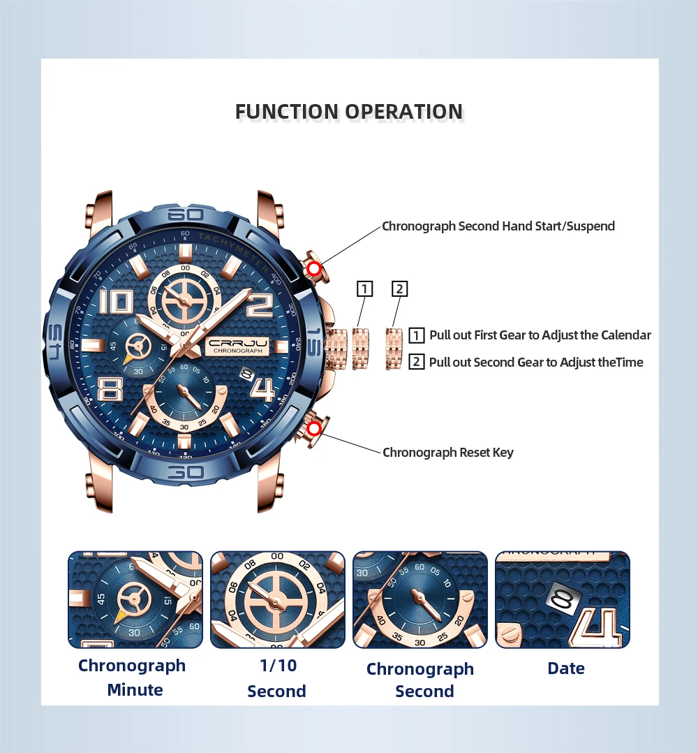 CRRJU мужские часы с большим циферблатом водонепроницаемые из нержавеющей стали со