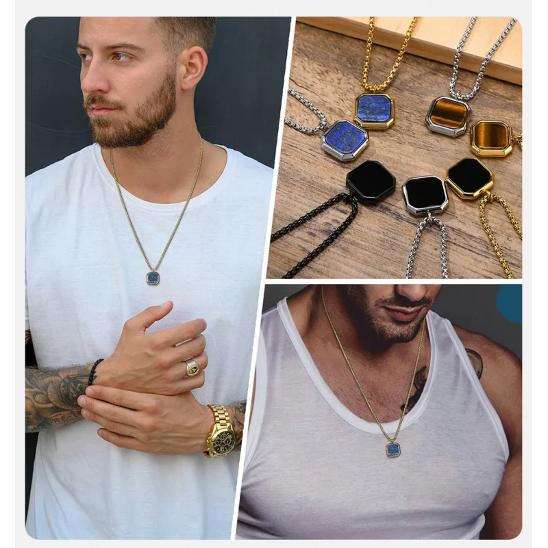 

2023New Men's Pendant Necklace Stainless Steel Drop Glue Black Square Long Shirt Chain Accessories
