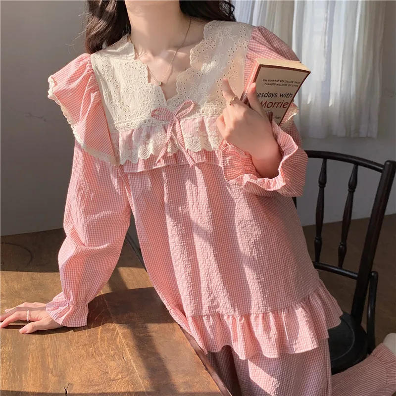 Korean Cotton Spring Autumn Pajamas For Women Sweet Princess Long-Sleeve Lace Loose Home Clothes V Neck Ladie's Sleepwear Set