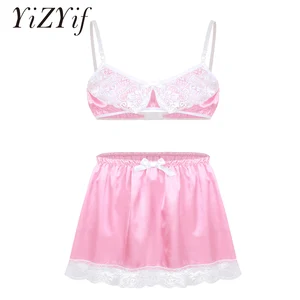 Мужские атласные трусики Sissy, гладкий кружевной бюстгальтер с регулируемыми бретельками, топ с эластичным поясом, короткая юбка