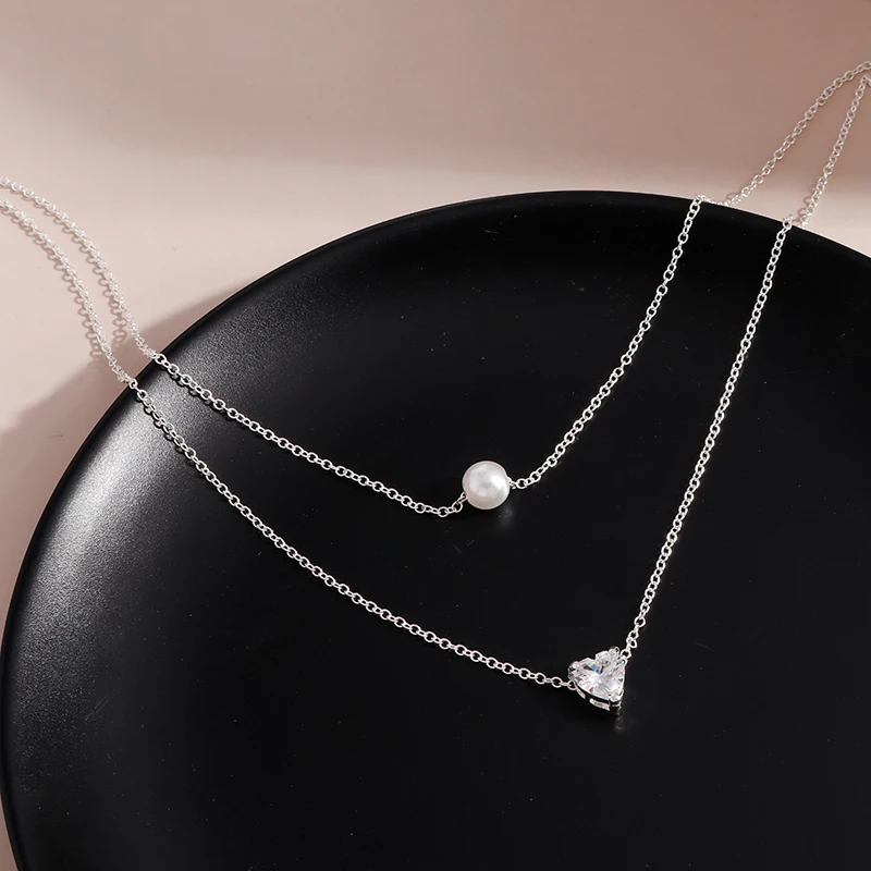 

Imitation Pearl Crystal Heart Necklaces Double Layer Clavicle Chain Necklace For Women Girls Bohemia Cheap Jewelry Gifts