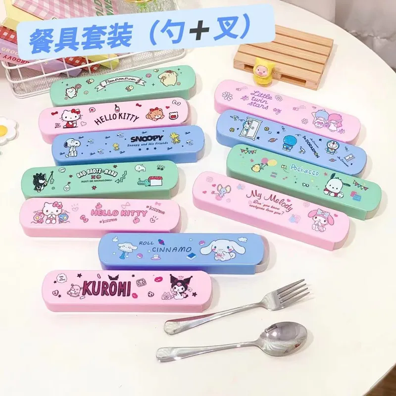 

Kawaii Sanrioed Anime Kuromi Cinnamoroll Melody Dinnerware Set Portable Tableware Spoon Chopsticks Set Travel Flatware with Box