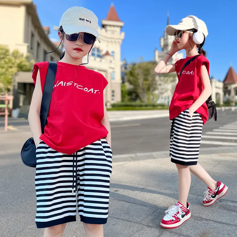 

Girls striped shorts fashion suit 2022 summer new children's sleeveless T-shirt two-piece casual sports