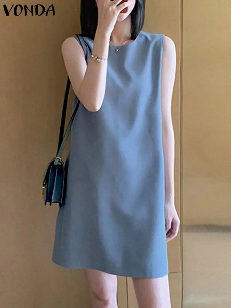 

Платье VONDA женское вечернее без рукавов, пикантный Модный повседневный свободный однотонный короткий Мини Сарафан с круглым вырезом, лето ...