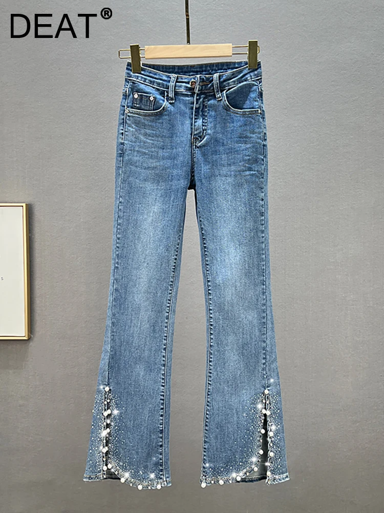 

DEAT Women's Jeans High Waist Embroidered Flares Pearls Diamonds Split Denim Micro Flared Pants 2023 Autumn New Fashion 29L2350