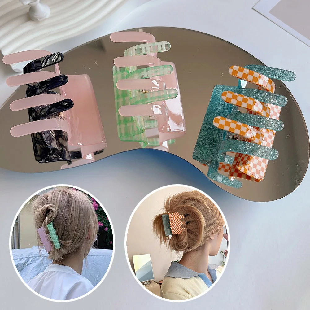 

2022 New Fashion Girl Sweet Hair Clip Acrylic Square Hair Clip Accessories Color Grid Hair Claw For Women Exquisit Shark Clips