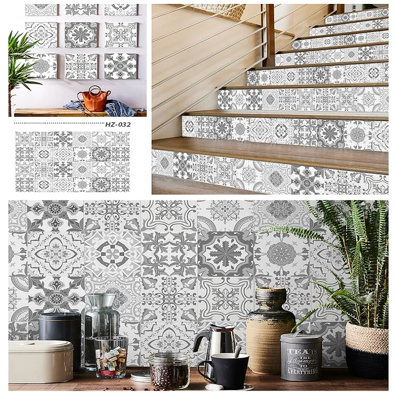 

24PCS Vintage Art Wall Stickers Grey Waterproof Vinyl Self Adhesive Tile Floor Stickers Kitchen Bathroom DIY Decal Room Decor