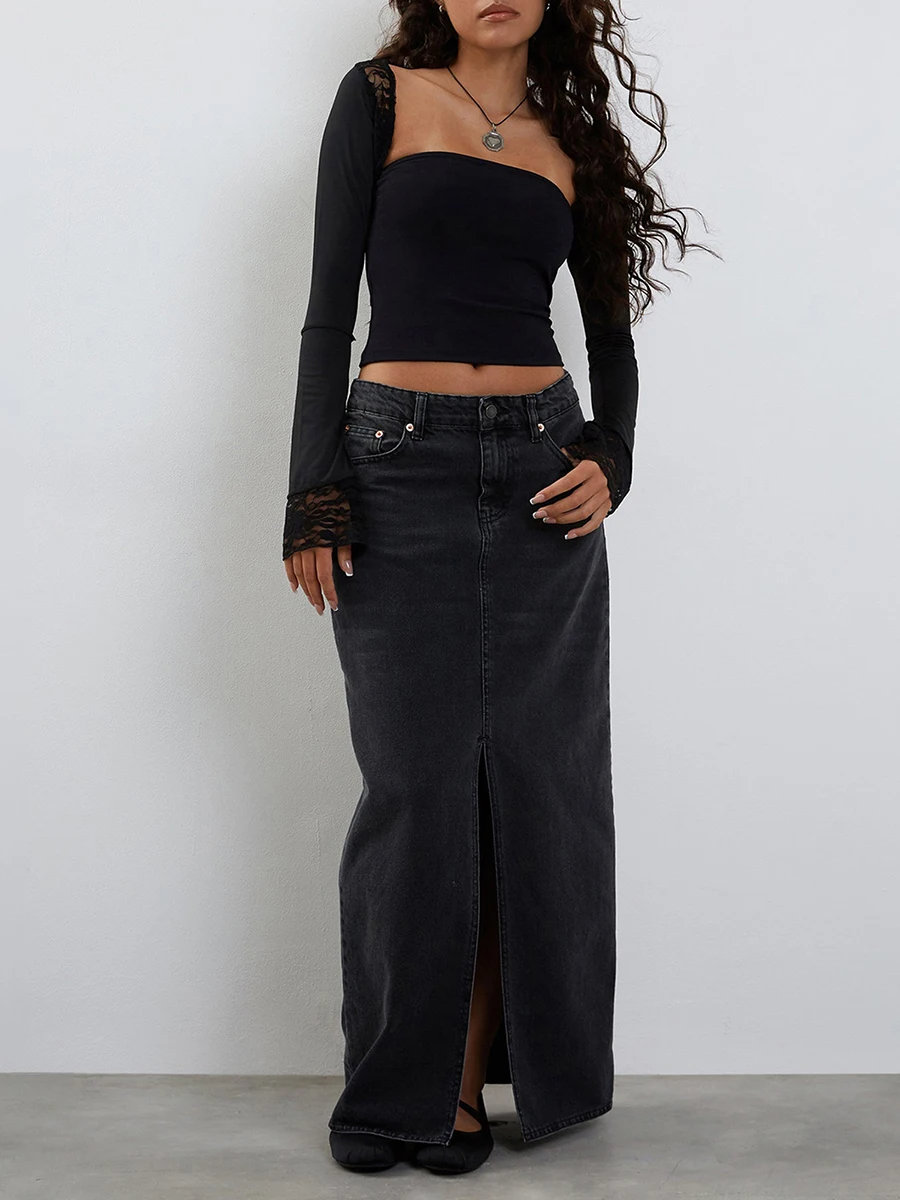 Женский кружевной топ Y2k с квадратным вырезом и длинным рукавом