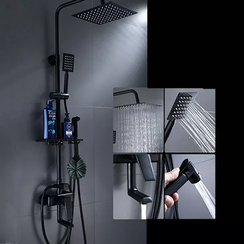 

Matte Blacked Shower Faucets Ultra thin Rain Shower Head and hand shower with shelf hot cold Mixer bathroom wash faucets