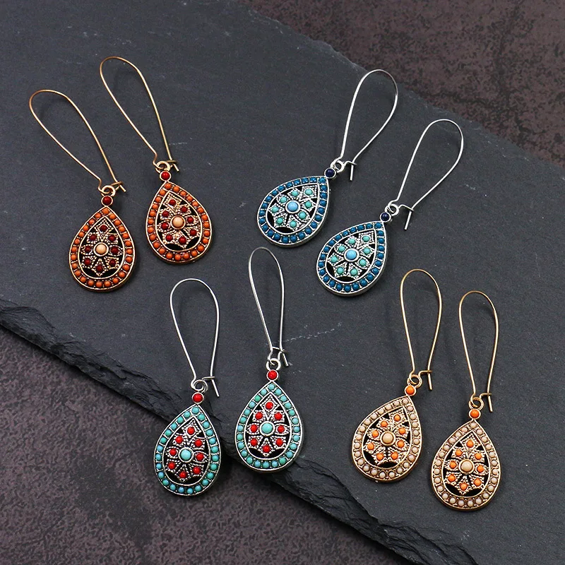 

Earrings for Women Fashion Vintage Drop Alloy Crystal Boho Ethnic Flower Earrings Colorful Dangle Silver Earrings Jewelry Gifts