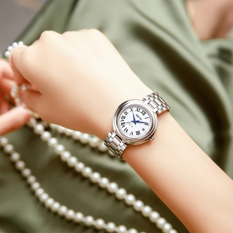 GEYA Роскошные серебряные элегантные женские часы из нержавеющей стали с