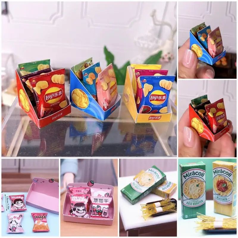 

1 Set Candy Potato Chips Bags Pasta Box 1/12 Dollhouse Miniature Paper Snacks Pretend Play Food Dollhouse Shopping Accessories