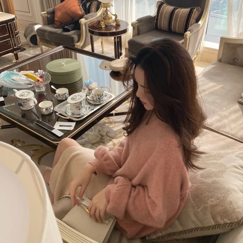 Милый розовый свитер в японском стиле для девушек свободные вязаные пуловеры с