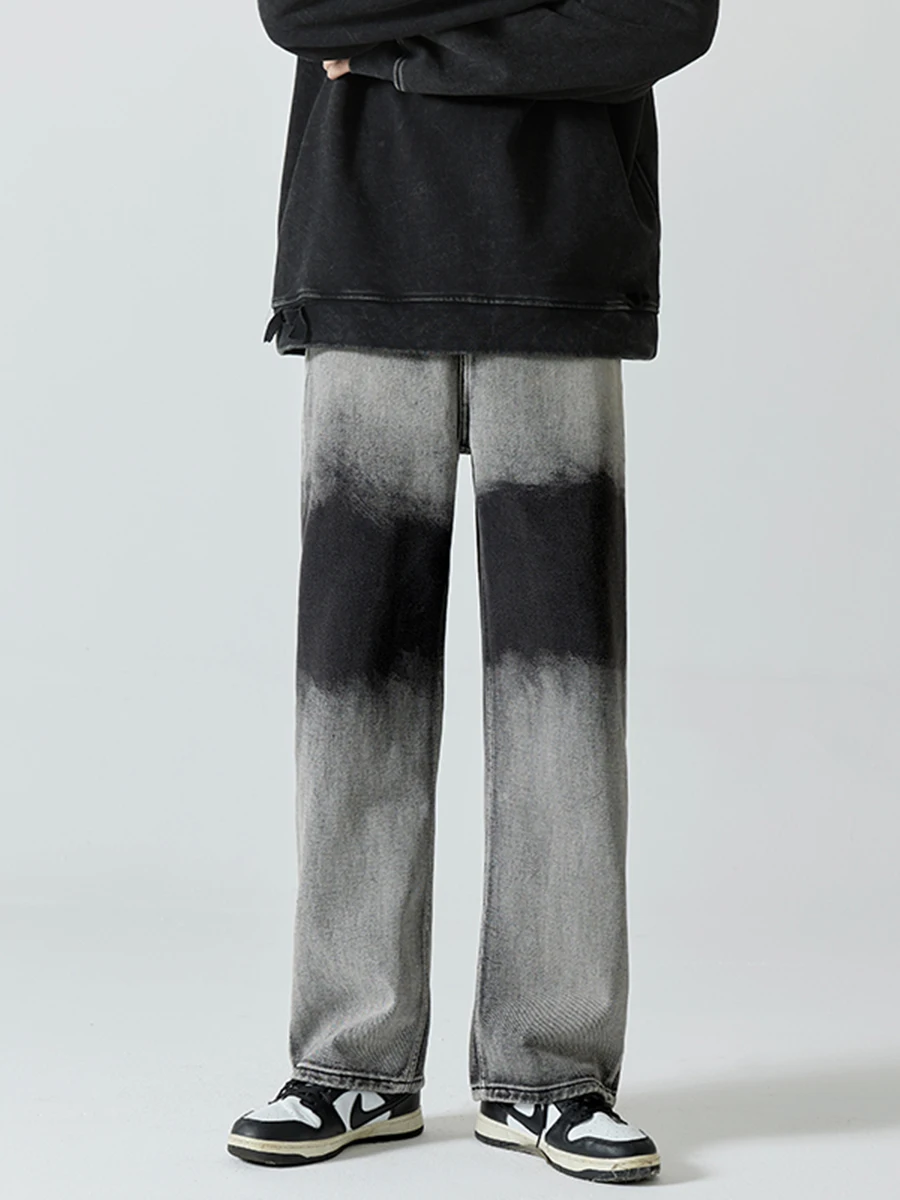 Four Seasons Men's Tie Dye Gradient Men's Jeans Fashion Casual Wide Leg Pants Straight Loose Jeans Streetwear Ins Hot Sale Denim