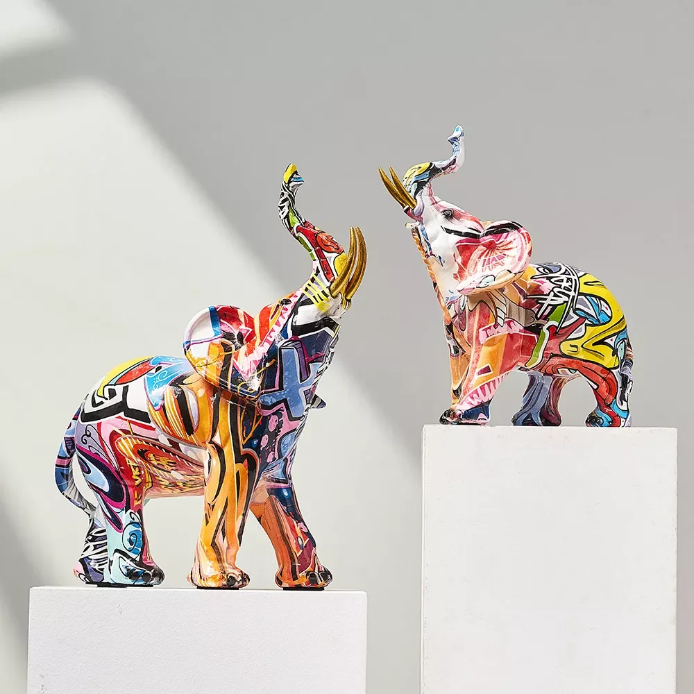 

Art Colorful Elephant Sculpture Resin Animal Statue Modern Art Graffiti Home Living Room Decor Desk Aesthetic Room Decor Gift