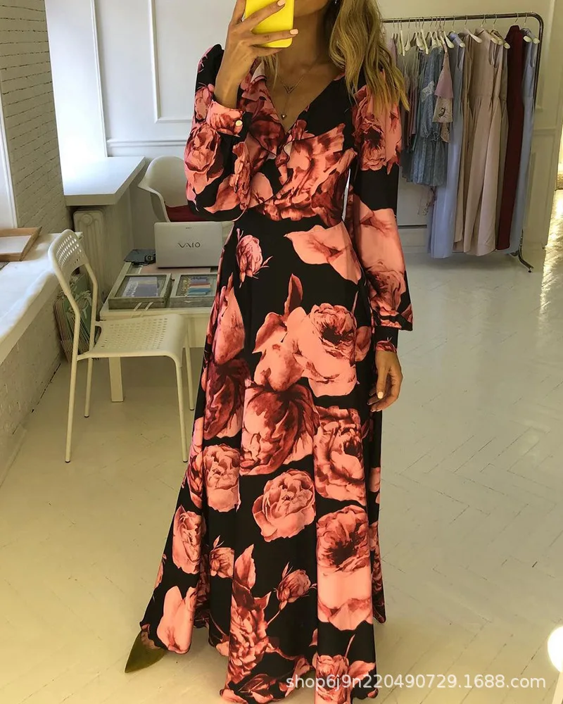 

Maxi Dress Women Spring 2022 New Long Sleeve V-neck Sexy Dresses Slim Fit Fashion Black Printed Dress Long Skirt