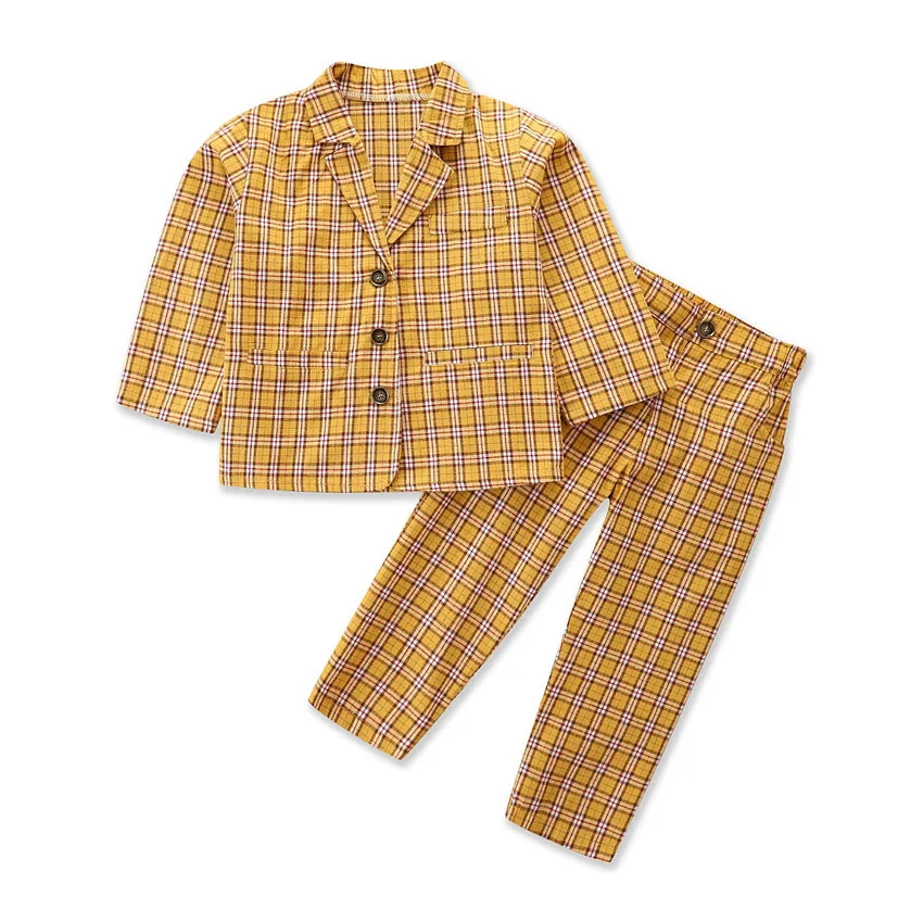 

Autumn Girl Set Yellow Plaid Coat + Pants Suits for Kids Children Clothes