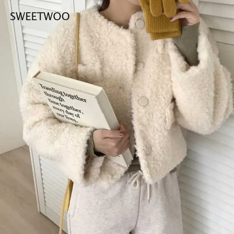 O-Neck Button Short Fake Fur Jacket Long Sleeve Casual Retro Coat Winter New South Korean Ins Single Breasted Fresh Simple Short