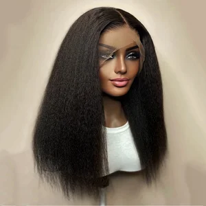 Кудрявый прямой парик 180% Плотность черный Yaki кружевной передний парик для женщин с детскими волосами Синтетические парики температура нагрева без клея